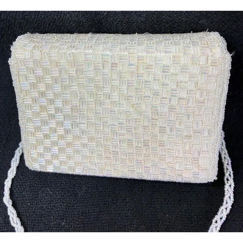 Vintage Iridescent White Beaded Evening Clutch Crossbody Bag Basketweave Pattern